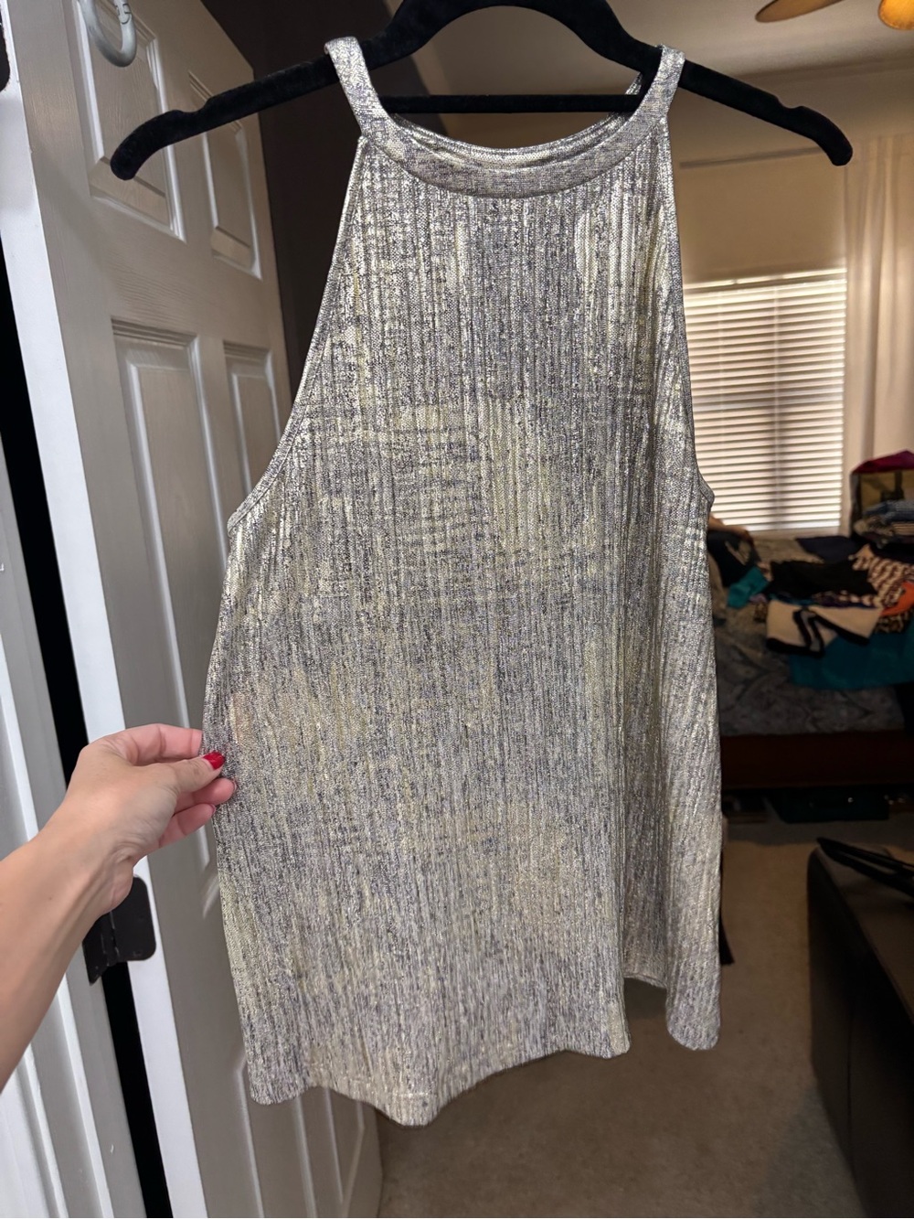Anthropologie Metallic Silver Halter Tank Top